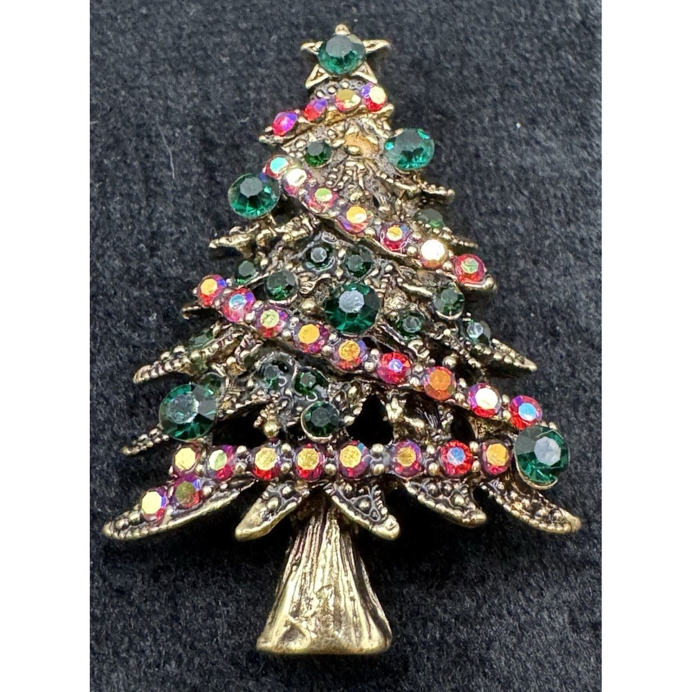 Vintage Christmas Tree Brooch Rhinestone Green Red AB Gold Tone Pin